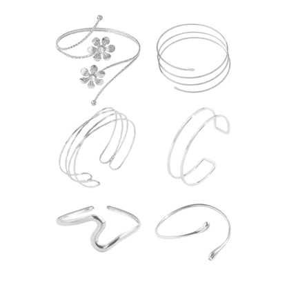 ItsStarred Minimalist Arm Cuff Gold Plated, Upper Arm Cuff Bangle Bracelet for Women, Adjustable Arm band Set 6 Pieces - color: F: Silver Plated Flower 6pcs