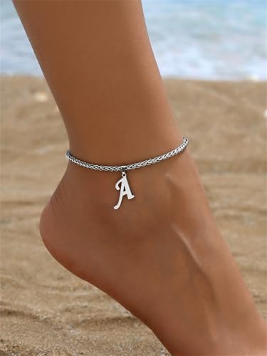 Silver Anklet Women's Initial Dainty Chain with Letter Ankle Bracelet Foot Jewelry Stainless Steel for Beach, Vacation & Casual Wear
