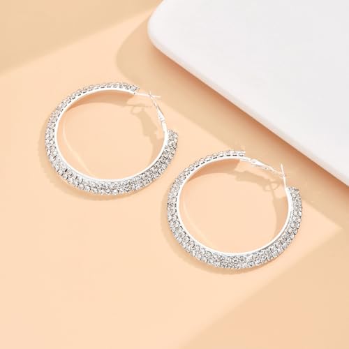 Large Silver Rhinestone Hoop Earrings Sparkly Big Hoop Earrings for Women Bling Chunky Silver Hoops 40/50/60/70mm Trendy Prom Wedding Christmas Jewelry - style: Diameter - 50mm