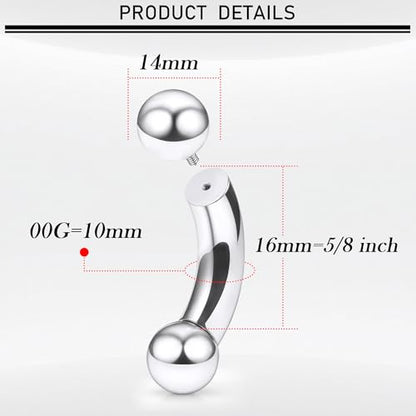 18G-00G Eyebrow Rings Internally Threaded Snake Eyes Piercing Jewelry Tongue Surgical Steel Curved Barbell Vertical Lip Labret Rook Daith Earrings Piercing Jewelry for Women Men 6mm-19mm - color: silver, size: 00G(10mm)-16mm barbells-14mm Balls