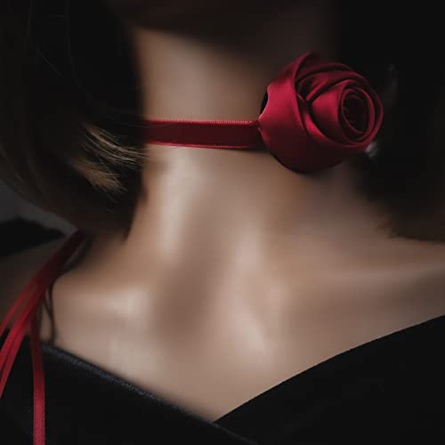 Black Choker Camellia Flower Lace-up Necklace For Women - color: Red ribbon rose