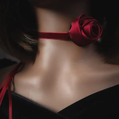 Black Choker Camellia Flower Lace-up Necklace For Women - color: Red ribbon rose