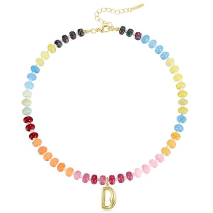 KissYan Initial Necklaces for Women, Colorful Beaded Gemstone Choker 14K Gold Bubble Letter Pendant Necklace Natural Stone Summer Beach Handmade Jewelry Gift - color: Red, style: Letter D