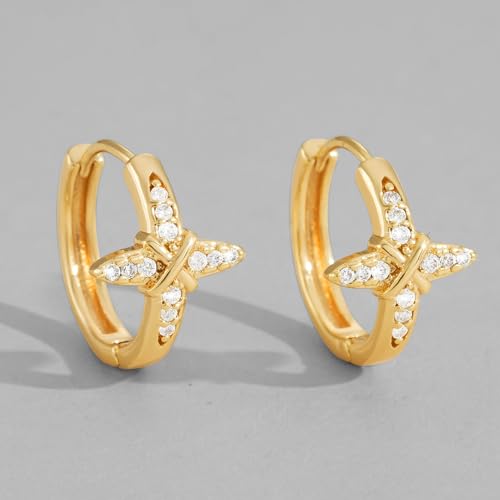 Dremmy Studios Dainty CZ Huggie Hoop Earrings 14K Gold Plated Chunky Simple Cute Thick Round Frill Bead Ball Starburst Cuff Earrings Cubic Zirconia Hoop Earrings Minimalist Personalized Gift for Her - color: Cross-Hoop