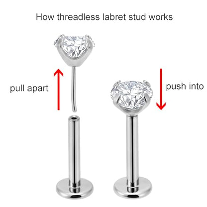 20g/18g/16g Titanium Press Fit Threadless Push in Labret Stud