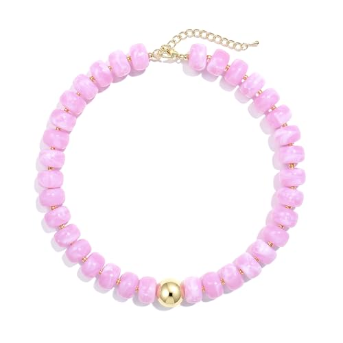 Badu Colorful Chunky Beaded Choker Necklace, Acrylic Colorful Bead Statement Necklaces, Adjustable Summer Beach Jewelry Gift for Women - color: Pink