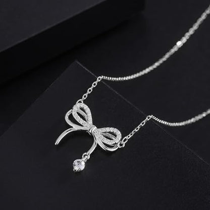 925 Sterling Silver Necklace for Women Trendy, Charming Layered Necklace with Cubic Zirconia Pendant for Her Womens Dainty Diamond Choker Necklaces Holiday Jewelry Gifts for Mom Wife Daughter Lover - color: Bowknot-Silver