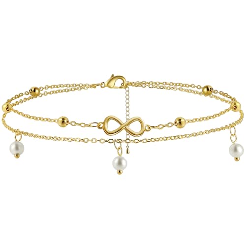 Gold Ankle Bracelets for Women, Dainty 14K Gold Plated Anklets for Women Waterproof Cuban Link Chain Pearl Anklet Set Trendy Layered Stackable Ankle Bracelet Non Tarnish Jewelry for Her - color: A0018