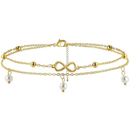 Gold Ankle Bracelets for Women, Dainty 14K Gold Plated Anklets for Women Waterproof Cuban Link Chain Pearl Anklet Set Trendy Layered Stackable Ankle Bracelet Non Tarnish Jewelry for Her - color: A0018