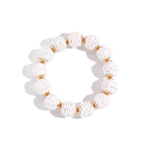 Coiris Rattan Raffia Woven Adjustable Boho Bracelet for Women | Handmade Bracelets Stretch Bracelet - color: White