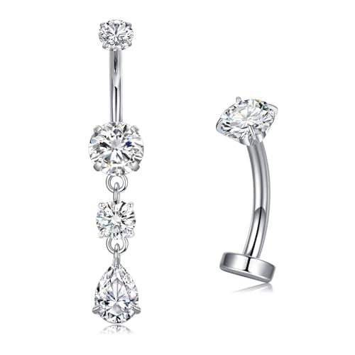 VCMART Belly Button Ring Belly Button Piercing Belly Rings Dangle Belly Button Rings Surgical Steel Clicker Floating Belly Button Rings for Women 14G Silver Gold Belly Navel Piercings Jewelry - color: C1 -2pcs, silver