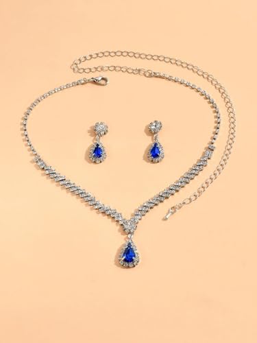 Wedding Jewelry Sets for Brides Rhinestone Necklace and Earring Set Bracelet Ring Gold Silver Prom Jewelry Sets Diamond Flower Teardrop Necklace for Women - color: Style4-Blue