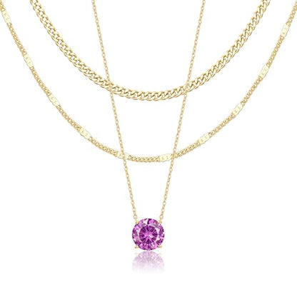 WomenGifts Layered Gold Necklaces for Women, 14K Gold Sterling Silver Plated Dainty Pendant Necklace Set Non Tarnish, Chunky Stackable Cuban Chain Choker, Trendy Birthstone Vacation Jewelry Gift - color: Gold, style: Cubic Zirconia-Created Alexandrite-Jun