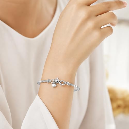Stainless Steel Heart Charm Snake Chain Bracelet - Adjustable Silver Bangle for Women, Hypoallergenic Waterproof Jewelry Gift for Birthday, Anniversary, Valentine's Day - color: Silver White-B