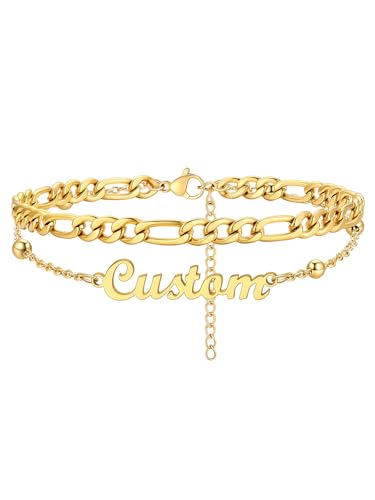 Custom4U Custom Name Anklet Bracelets for Women Waterproof Beaded/Figaro/Cuban/Rope/Wheat Chain Anklet Stackable Gold Plated Non Tarnish Custom Beach Gift Barefoot Summer Jewelry for Her - color: C01-Gold Figaro Chain