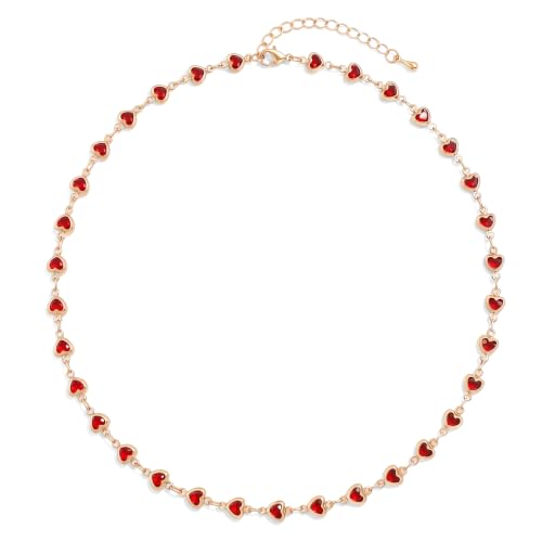 Colorful Necklace for Women,14K Gold Plated Chain With Crystal Necklace Womens Statement Cute Trendy Surfer Beach Choker Necklaces Gifts - color: Red Heart
