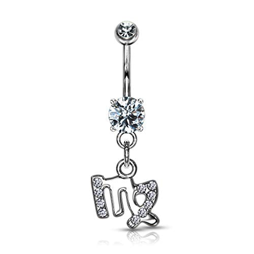 Forbidden Body Jewelry Surgical Steel CZ Jeweled Zodiac Sign Dangle Belly Button Ring - style: Virgo