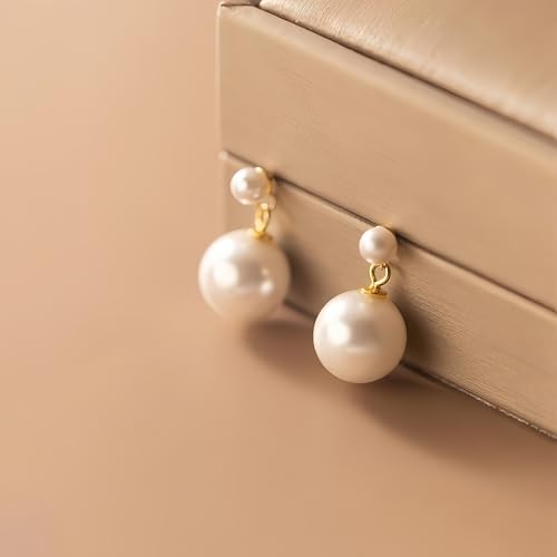 Double Pearl Drop Earrings for Women 925 Sterling Silver | 18k Gold Plated Big Large Pearl Dangle Earrings Pearl Dangling Stud Earring Bridal Wedding Jewelry Birthday Gifts for Mom - color: F-Gold