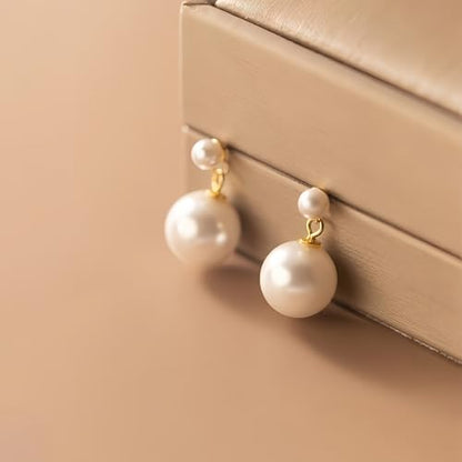 Double Pearl Drop Earrings for Women 925 Sterling Silver | 18k Gold Plated Big Large Pearl Dangle Earrings Pearl Dangling Stud Earring Bridal Wedding Jewelry Birthday Gifts for Mom - color: F-Silver