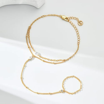 Cicy Bell Hand Chain Bracelets for Women 18K Gold Plated | Layered Stackable Dainty Ring Bracelets, Adjustable Satellite Bead Dot Link Finger Bracelets - color: Style B-Gold