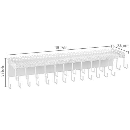MyGift White Metal Wall-Mounted Jewelry Hanging Shelf with 26 Necklace Hooks, Set of 2 - color: White-set of 2