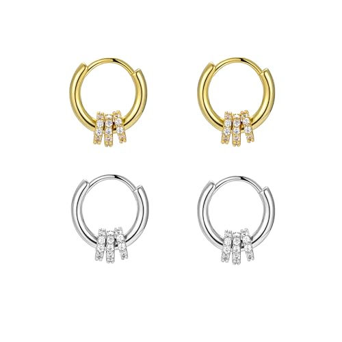 2 Pairs Gold/Silver Hoop Earrings For Women Set Trendy,14K Plated Gold Chunky Huggie Hoop Earings Pack,Oval Twisted Statement Silver Hoops,Fashion Jewelry Gift - color: B7 fortune small CZ hoops set