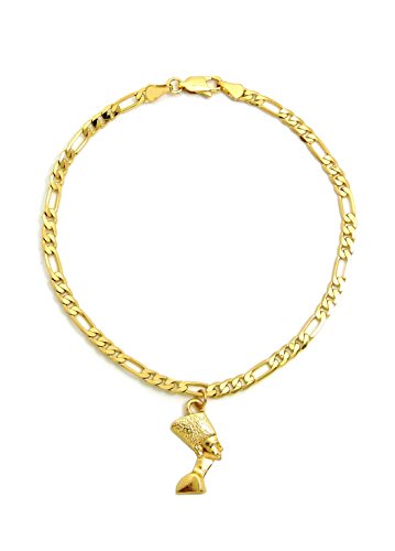 Fashion 21 Women's Cross, Ankh, Queen Nefertiti Piece 10 inches Figaro Chain Anklet Foot Bracelet in Gold Tone - style: Side Face Nefertiti / Figaro