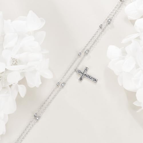 LUHE Cross Ankle Bracelets Sterling Silver Religius Double Chain Anklets Christian Baptism Layered Anklet Jewelry Gifts for Women - style: Filigree cross anklet