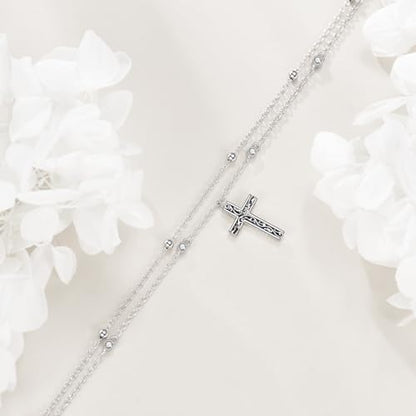 LUHE Cross Ankle Bracelets Sterling Silver Religius Double Chain Anklets Christian Baptism Layered Anklet Jewelry Gifts for Women - style: Filigree cross anklet