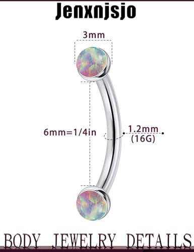 Jenxnjsjo F136 Titanium 16g 6/8/10mm Opal Eyebrow/Rook/Snug/Vertical-Labret/VCH/Snake-Eyes/Anti-Tragus/Christina/Daith/Belly-Button/Bridge/Hood/Surface Curved Barbell Piercing Jewelry for Women Men - color: Pink Opal, size: 6mm