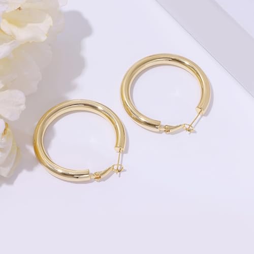 sovesi Chunky Hoop Earrings for Women, 14K Gold Plated Thick Hoops | 5mm Thick Hollow Tube Chunky Lightweight Hypoallergenic Hoop Earrings for Women - style: Gold 40MM