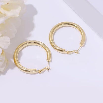 sovesi Chunky Hoop Earrings for Women, 14K Gold Plated Thick Hoops | 5mm Thick Hollow Tube Chunky Lightweight Hypoallergenic Hoop Earrings for Women - style: Gold 40MM