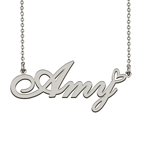 HUAN XUN Custom Name Necklace for Women Stainless Steel Customized Jewelry | 18k Gold Plated Nameplate Heart Pendant,Adjustable Delicate Chain,Personalized Gifts for Mother Day Christmas Birthday - color: Amy - Silver