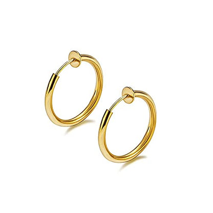 Gold Clip On Spring Hoop Earrings for Women - 14K Chunky Non Pierced Earring Plated Hoops Drop Dangle Earrings No Piercing Jewelry - color: Gold