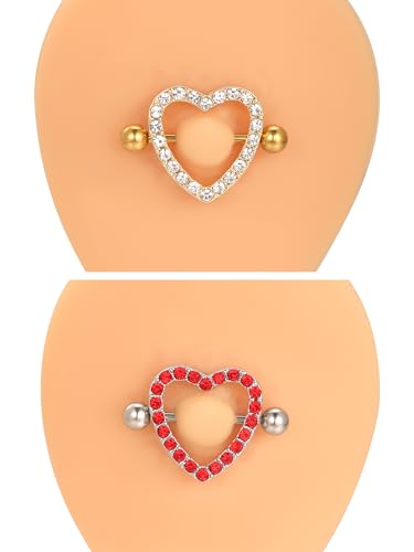 Oveta Heart Nipple Rings Surgical Steel 14G, Cute Internally Threaded Nipple Piercing Jewelry Barbells 14mm for Women, Silver/Gold, 2PCS - color: Red CZ