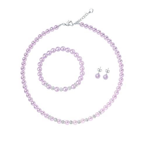 6mm Pearl Jewelry Set for Women & Girls, Necklace Bracelet Earrings | Sparkling Rhinestone Detail, Faux Pearl Set, Prom Gift - style: 14.5 inches purple