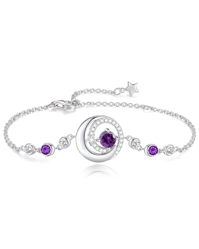 FANCIME Birthstone Bracelets 925 Sterling Silver Moon and Star Bangle Charm Bracelet Fine Jewelry Anniversary Birthday Mothers Day Gifts for Mom Her Women, Adjustable Chain 6.7"+1.2" Extend - color: link-2-amethyst