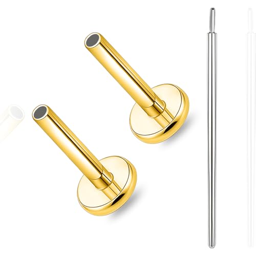 limerencia Titanium Threadless Bar Post for Tragus Body Piercing,16G/18G/20G Press Fit Flat Back Stud Earrings Push in Post Replacement Medusa Helix Couch Piercing Jewelry for Women Men(A Pair) - color: gold tone, size: 16G-8mm