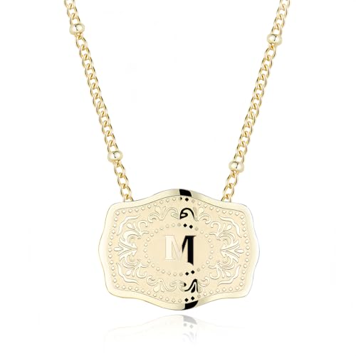 14K Gold-Plated Initial Necklace for Women, Western Belt Buckle Letter Pendant, Alphabet Necklace Includes 2 Chains, Cowgirl Jewelry Gift - color: M