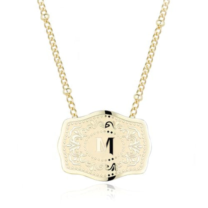 14K Gold-Plated Initial Necklace for Women, Western Belt Buckle Letter Pendant, Alphabet Necklace Includes 2 Chains, Cowgirl Jewelry Gift - color: M