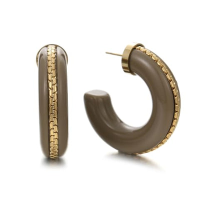 Gold Plated Resin Chunky Hoop Earrings Hypoallergenic Push Back Hoops for Sensitive Ears - color: taupe