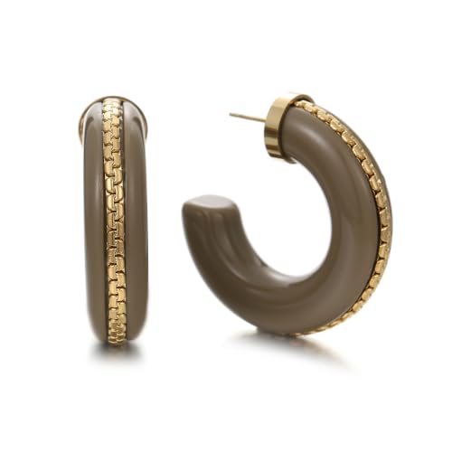 Gold Plated Resin Chunky Hoop Earrings Hypoallergenic Push Back Hoops for Sensitive Ears - color: taupe
