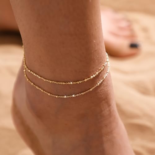 Gold Ankle Bracelets for Women 14k Gold Plated Cuban Link Chain Anklet Set | Stackable, Waterproof, Layered Anklet Bracelets, Non Tarnish, Summer Beach Jewelry - color: Gold B-1Pc