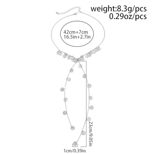 Boho Gold Long Disc Coin Choker Drop Statement Necklace for Women | Trendy Y Shaped Pendant Tassel Necklaces Round Disk Body Wrap Chain Collar Necklace Costume Outfit Festival Jewelry Accessory - color: Silver