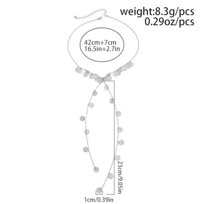 Boho Gold Long Disc Coin Choker Drop Statement Necklace for Women | Trendy Y Shaped Pendant Tassel Necklaces Round Disk Body Wrap Chain Collar Necklace Costume Outfit Festival Jewelry Accessory - color: Silver