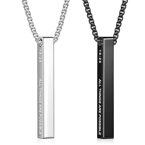 Romass 2Pcs Pendant Necklace for Men,Stainless Steel Silver Black Gold Bible Verse Chains for Men Vertical Bar Pendant Gifts Jewelry Box 16-24 Inches - size: 18 in, style: 2Pcs(silver+black) 1.6 "* 0.2'' pendant
