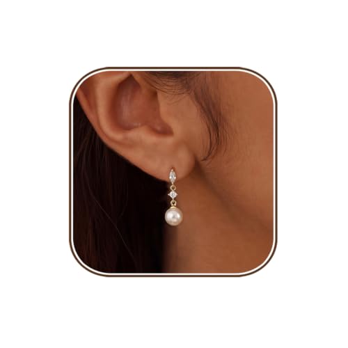 Pearl Earrings for Women:Gold Wedding Dangle Drop Earring Pearl Jewelry | 14K Gold Plated Pearl Drop Earrings for Women,Dainty Wedding Bride Earring Studs,Gold Dangle Drop Earring,Waterproof Jewelry - size: 1 pcs-17