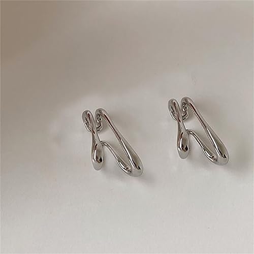 Minimalist Double Line Teardrop Cuff Wrap Clip on Earrings for Women Non Pierced Ear Unique Design 14K Gold Plated Silver Fake Hoop Hypoallergenic Fashion Trendy Jewelry - color: silver