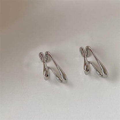 Minimalist Double Line Teardrop Cuff Wrap Clip on Earrings for Women Non Pierced Ear Unique Design 14K Gold Plated Silver Fake Hoop Hypoallergenic Fashion Trendy Jewelry - color: silver