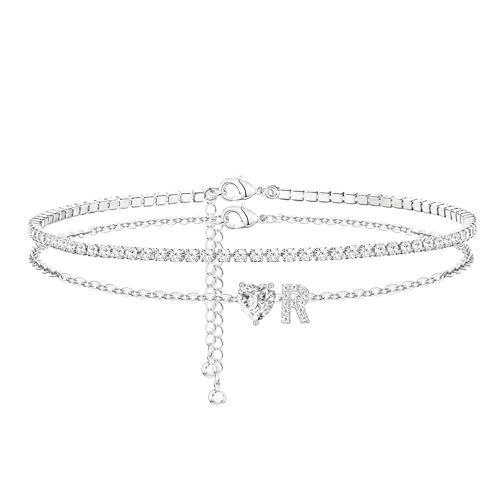 Heart Initial Silver Anklets for Women Waterproof Dainty Silver Plated ankle bracelets for women Large Ankle Women's Anklets Tennis ankle bracelets Non Tarnish Summer Beach Foot Jewelry - style: Silver-R